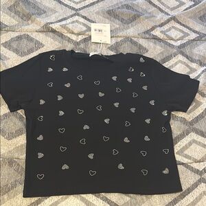 Nali Collection Black Heart Rhinestone Cropped Top Shirt